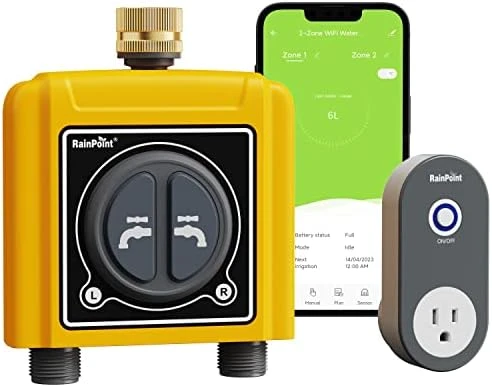 WiFi Water Timer with Brass Inlet & Outlet, 2 Zone — Irrigation System, RainPoint