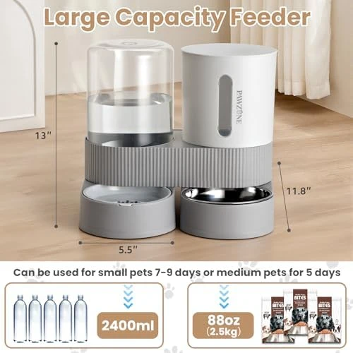 2 Pack Automatic Cat Feeder Stainless Steel Water Dispenser Gravity Food Feeder and Waterer Set with Pet Food Bowl — Automatic Pet Feeder, Pawzone