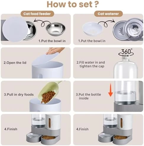 2 Pack Automatic Cat Feeder Stainless Steel Water Dispenser Gravity Food Feeder and Waterer Set with Pet Food Bowl — Automatic Pet Feeder, Pawzone
