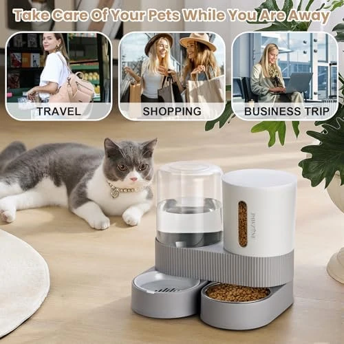 2 Pack Automatic Cat Feeder Stainless Steel Water Dispenser Gravity Food Feeder and Waterer Set with Pet Food Bowl — Automatic Pet Feeder, Pawzone