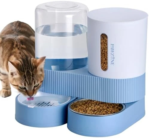 2 Pack Automatic Cat Feeder Stainless Steel Water Dispenser Gravity Food Feeder and Waterer Set with Pet Food Bowl — Automatic Pet Feeder, Pawzone