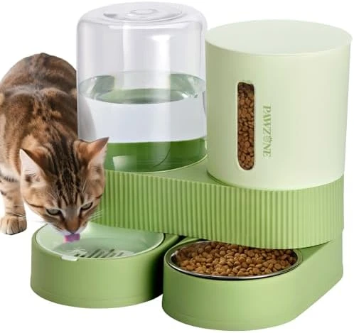 2 Pack Automatic Cat Feeder Stainless Steel Water Dispenser Gravity Food Feeder and Waterer Set with Pet Food Bowl — Automatic Pet Feeder, Pawzone