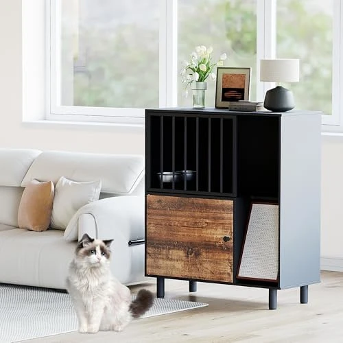 Cat Feeding Station Furniture with Storage and Scratching Board — Automatic Pet Feeder, Qiaoxuan