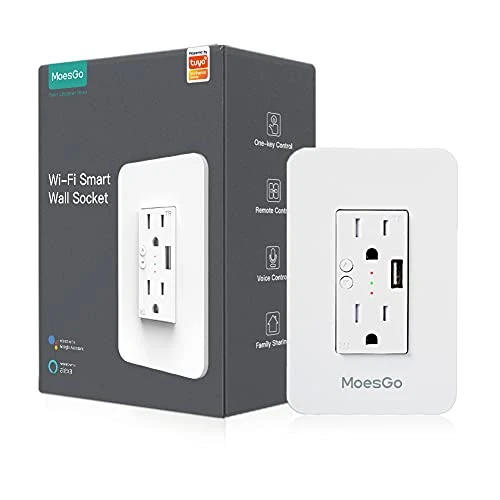 Smart Power Wall Outlet with USB, WiFi Socket with 2 Plug Outlets 15 Amp Divided Control — Smart Plug, MoesGo