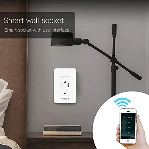 Smart Power Wall Outlet with USB, WiFi Socket with 2 Plug Outlets 15 Amp Divided Control — Smart Plug, MoesGo