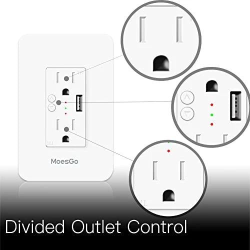 Smart Power Wall Outlet with USB, WiFi Socket with 2 Plug Outlets 15 Amp Divided Control — Smart Plug, MoesGo