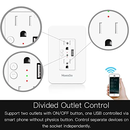Smart Power Wall Outlet with USB, WiFi Socket with 2 Plug Outlets 15 Amp Divided Control — Smart Plug, MoesGo