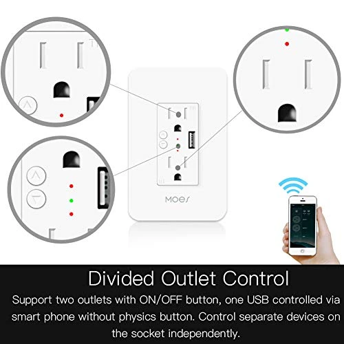 WiFi Smart Wall Outlet, 15A Divided Control 2 in Wall Socket with USB Interface — Smart Plug, MOES