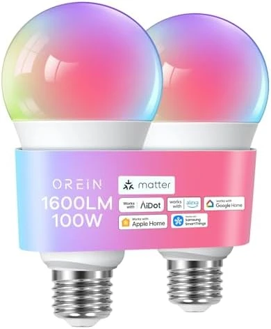 Matter Smart Light Bulb, 1600 Lumens 100W Equivalent, Color Changing, 2 Pack — Smart Light Bulb, OREiN