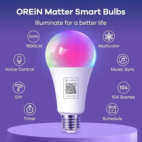 Matter Smart Light Bulb, 1600 Lumens 100W Equivalent, Color Changing, 2 Pack — Smart Light Bulb, OREiN
