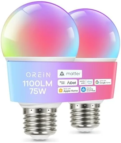 Matter Smart Light Bulb, 1600 Lumens 100W Equivalent, Color Changing, 2 Pack — Smart Light Bulb, OREiN