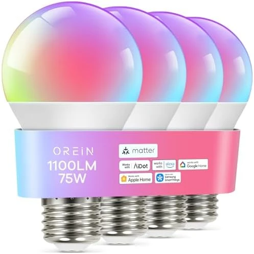 Matter Smart Light Bulb, 1600 Lumens 100W Equivalent, Color Changing, 2 Pack — Smart Light Bulb, OREiN