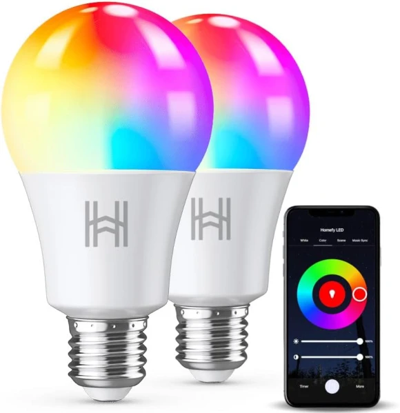 Smart Light Bulbs 2 Pack, A19 Color Changing LED (800 Lumens), WiFi & Bluetooth, Music Sync, Compatible with Alexa &... — Smart Light Bulb, Homefy