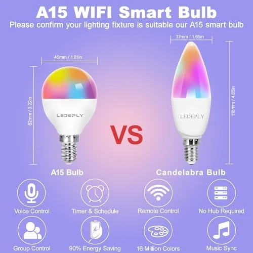 A15 LED Smart Bulb, 5W=40W, E12 Base, G45, 4 Pack — Smart Light Bulb, LEDEPLY