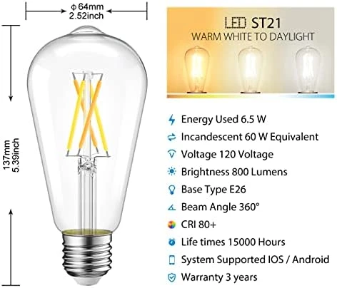WiFi Dimmable Vintage LED ST21 Edison Smart Bulb — Smart Light Bulb, LVWIT