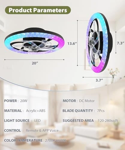 2 in 1 WiFi RGB-LED Ceiling Fan with Lights and Remote — Smart Fan, Vookea