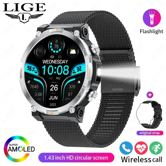 Smart Watch AMOLED Screen Sport Tracker Sleep Health Monitor Flashlight Bluetooth Call Waterproof — Smart Watch, LIGE