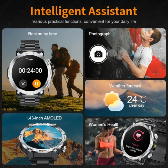 Smart Watch AMOLED Screen Sport Tracker Sleep Health Monitor Flashlight Bluetooth Call Waterproof — Smart Watch, LIGE