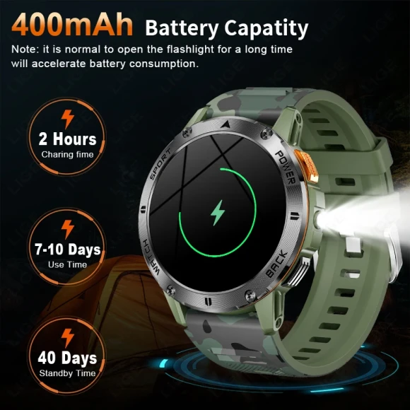 Men's Outdoor Sports Smart Watch with Health Monitoring and LED Flashlight — Fitness Tracker, LIGE