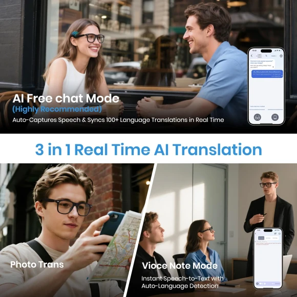 AI Translation Smart Glasses with Hands-free Calling, Music Player and Camera Control — Smart Glasses, Senbono