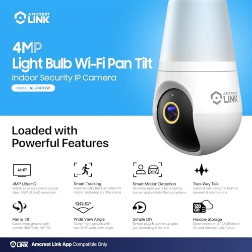 4MP Light Bulb WiFi Camera with Pan/Tilt and Human Detection — Security Camera, Amcrest