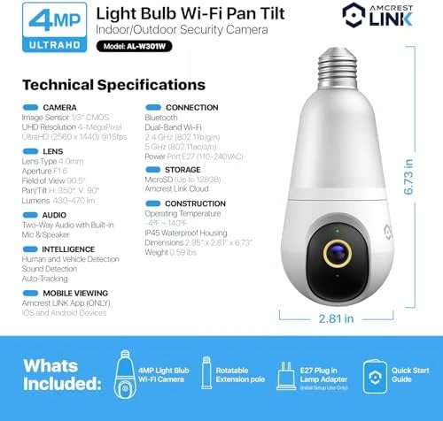 4MP Light Bulb WiFi Camera with Pan/Tilt and Human Detection — Security Camera, Amcrest