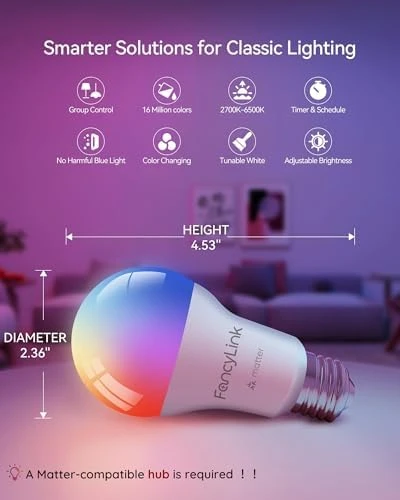 Smart Light Bulbs - Color Changing, A19, 60W Equivalent, RGBCW 800 Lumen, 4 Pack — Smart Light Bulb, Fancylink