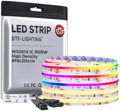 Smart IC RGBW COB LED Strip 3000K, 16.4FT, 273 LEDs/ft, Color Chasing and Uniform Light — LED Strip Lights, BTF-LIGHTING