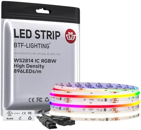 Smart IC RGBW COB LED Strip 3000K, 16.4FT, 273 LEDs/ft, Color Chasing and Uniform Light — LED Strip Lights, BTF-LIGHTING