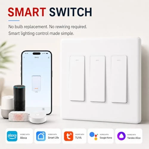 Smart Switch 3 Gang, Neutral Wire Required, 2.4GHz Wi-Fi Light Switch — Smart Switch, HQL