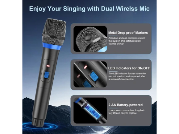 Portable Karaoke Machine, Black, with 2 Wireless Microphones — Karaoke Machine, JYX