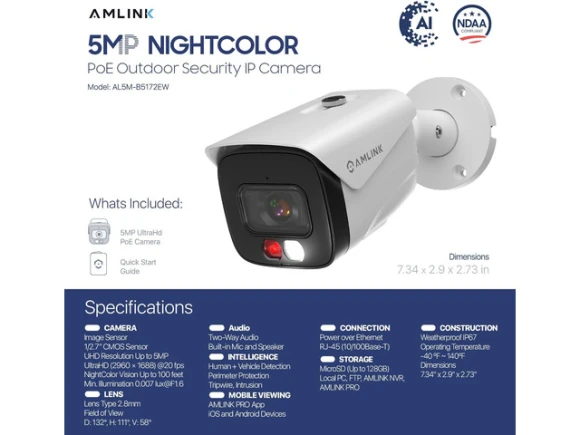 5MP PoE Surveillance Bullet Camera — Security Camera, AMLINK