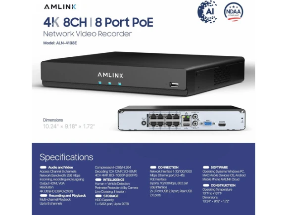 8-Channel Network Video Recorder with 8-Port PoE — Security Monitoring, AMLINK