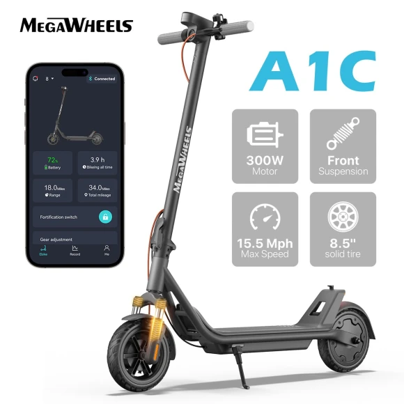 Electric Scooter with Front Suspension, 8.5 Solid Tires, 300W Motor, Smart APP Control — Electric Scooter, MEGAWHEELS