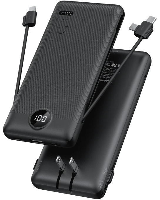 Portable Charger with Built-in Cables and AC Wall Plug — Power Bank, VRURC