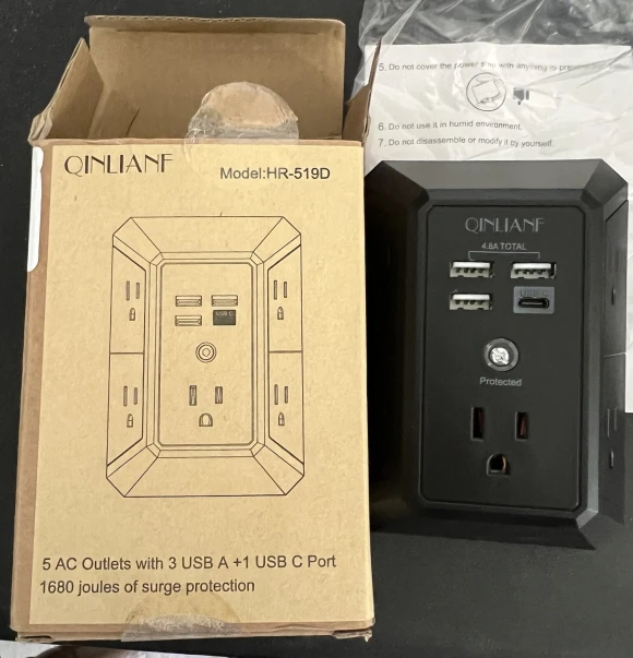 Surge Protector with 5 Outlet Extender and 4 USB Charging Ports, QINLIANF