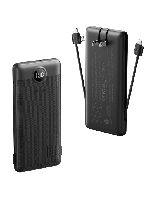 Portable Charger with Built-in Cables and Wall Plug — Power Bank, VEGER