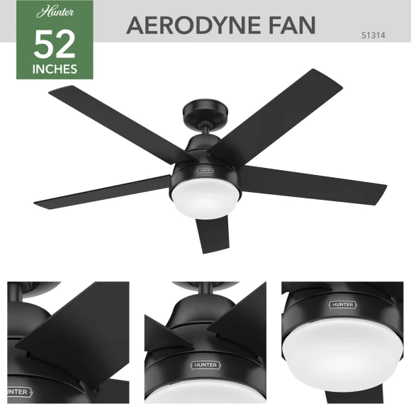 Aerodyne Ceiling Fan 52 inches Matte Black, Hunter
