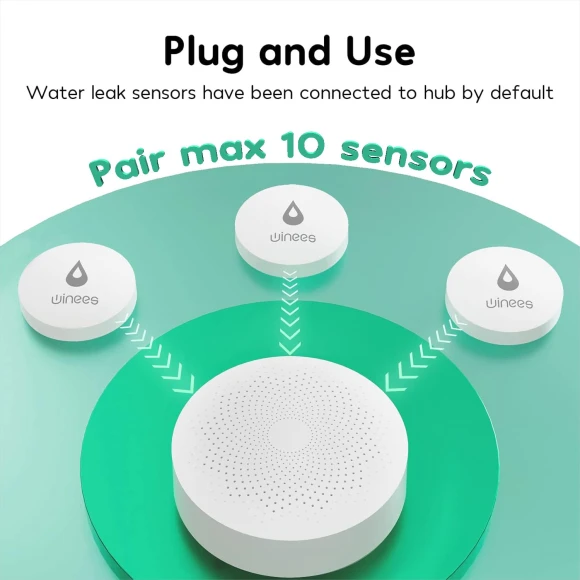 WiFi Water Leak Detector with Adjustable Alarm and Notifications, Winees