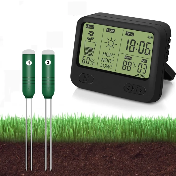Wireless Soil Moisture Meter with Thermometer, Sunlight, and Time Display — Soil Moisture Sensor, Kithouse