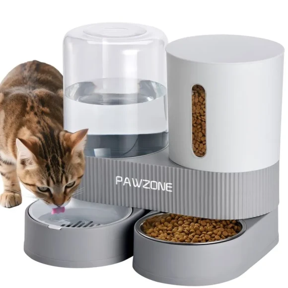 2 Pack Automatic Cat Feeder Stainless Steel Water Dispenser Gravity Food Feeder and Waterer Set with Pet Food Bowl — Automatic Pet Feeder, Pawzone