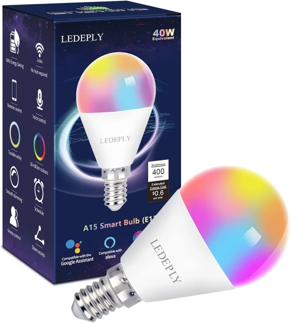 A15 LED Smart Bulb, 5W=40W, E12 Base, G45, 4 Pack — Smart Light Bulb, LEDEPLY