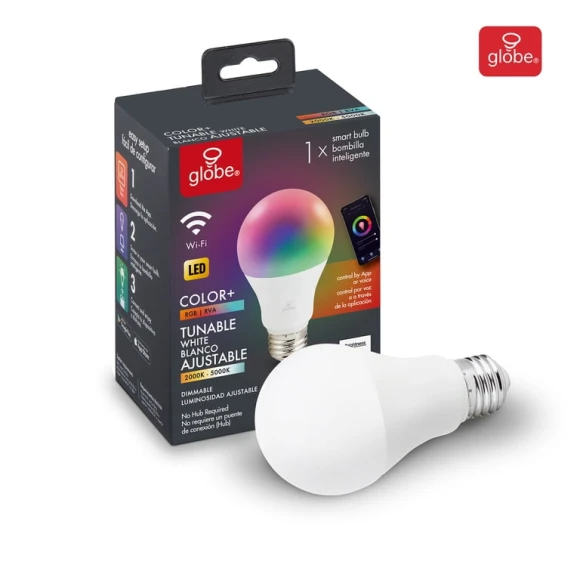 Wi-Fi Smart 10W LED Bulb, Multicolor RGB + Tunable White — Smart Light Bulb, Globe Electric