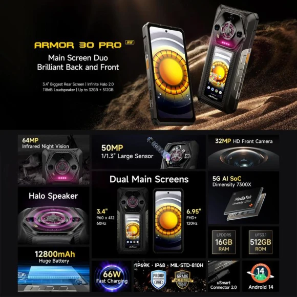 Rugged smartphone, 16GB RAM + 512GB storage, Black — Smartphones, Ulefone