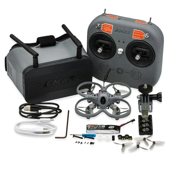 RTF FPV racing drone bundle with E8 remote transmitter and Transporter II FPV goggles — Drone, Emax