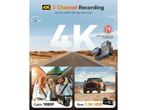 3-Channel Dash Camera, Black, with 128GB Card — Dash Cam, WOLFBOX
