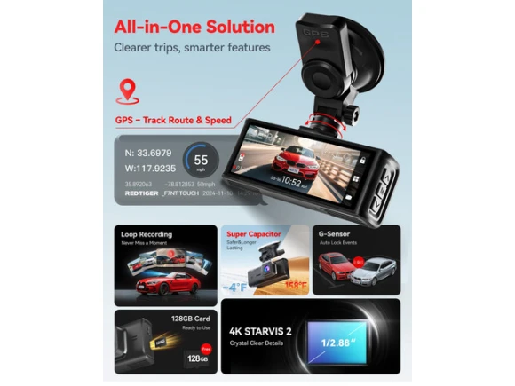 4K Dual-Channel Dash Camera with Hardwire Kit and 128GB SD Card — Dash Cam, REDTIGER
