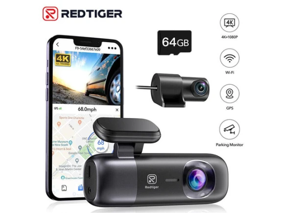 4K Front and 1080P Rear Dash Camera with 64GB SD Card — Dash Cam, REDTIGER