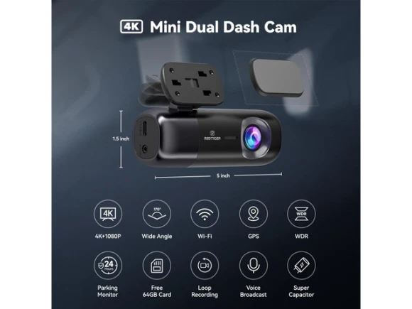 4K Front and 1080P Rear Dash Camera with 64GB SD Card — Dash Cam, REDTIGER