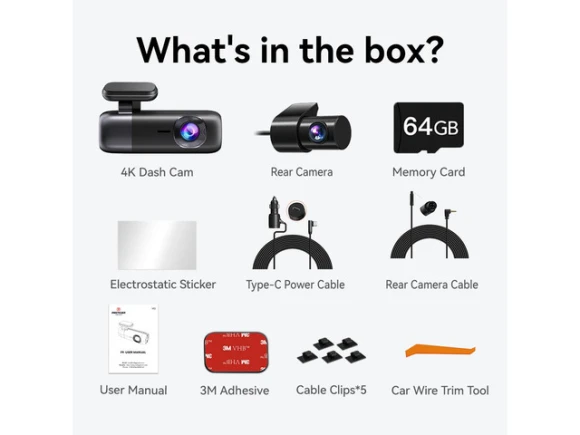 4K Front and 1080P Rear Dash Camera with 64GB SD Card — Dash Cam, REDTIGER